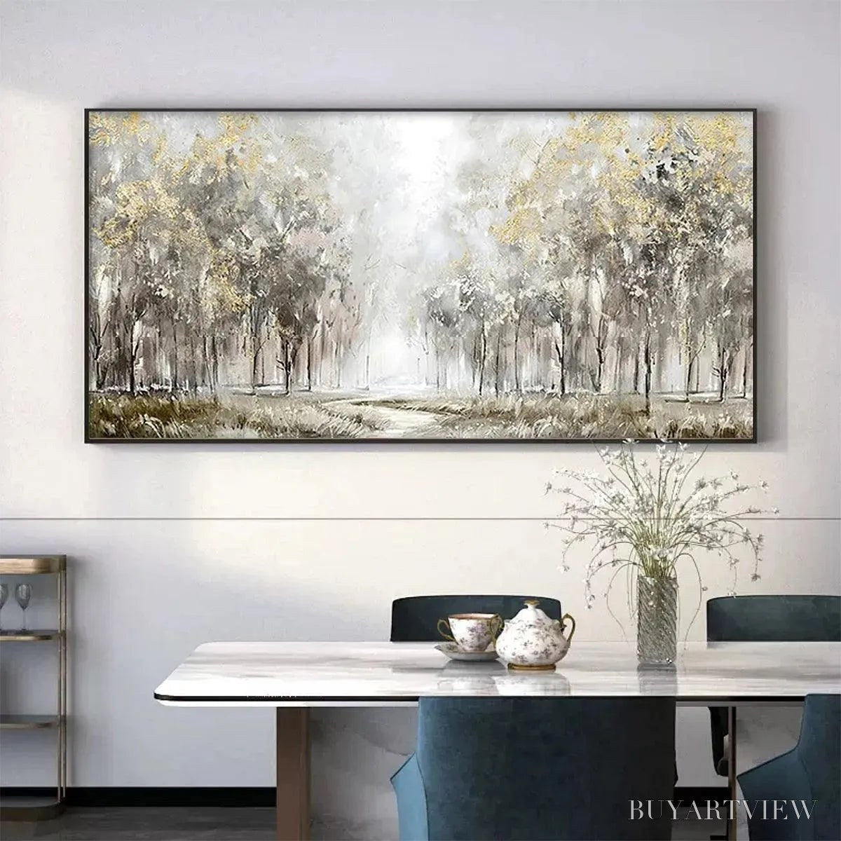 ARTOVITAS Golden Forest Path – Textured Forest Landscape Painting, Panoramic - image 2