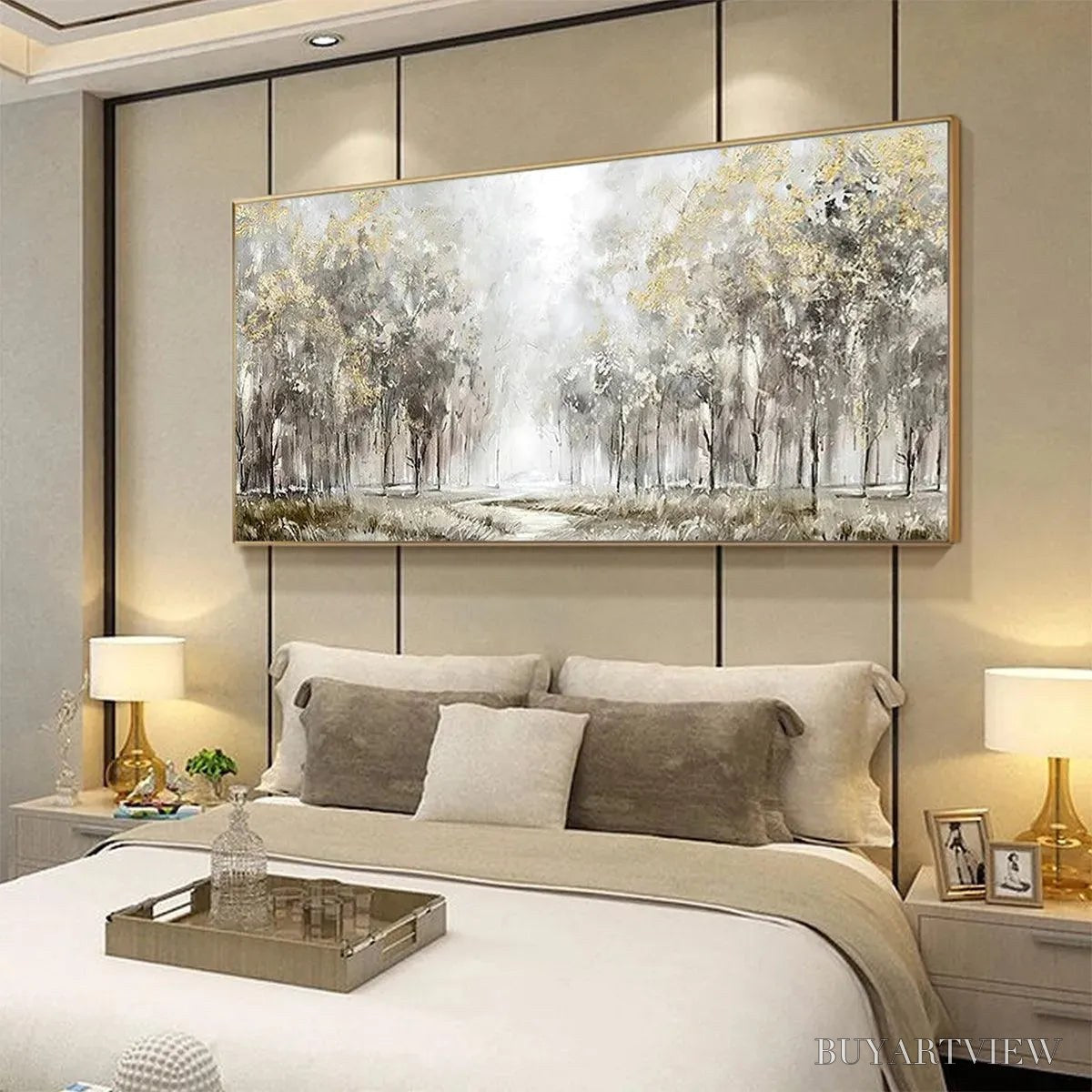 ARTOVITAS Golden Forest Path – Textured Forest Landscape Painting, Panoramic - image 4