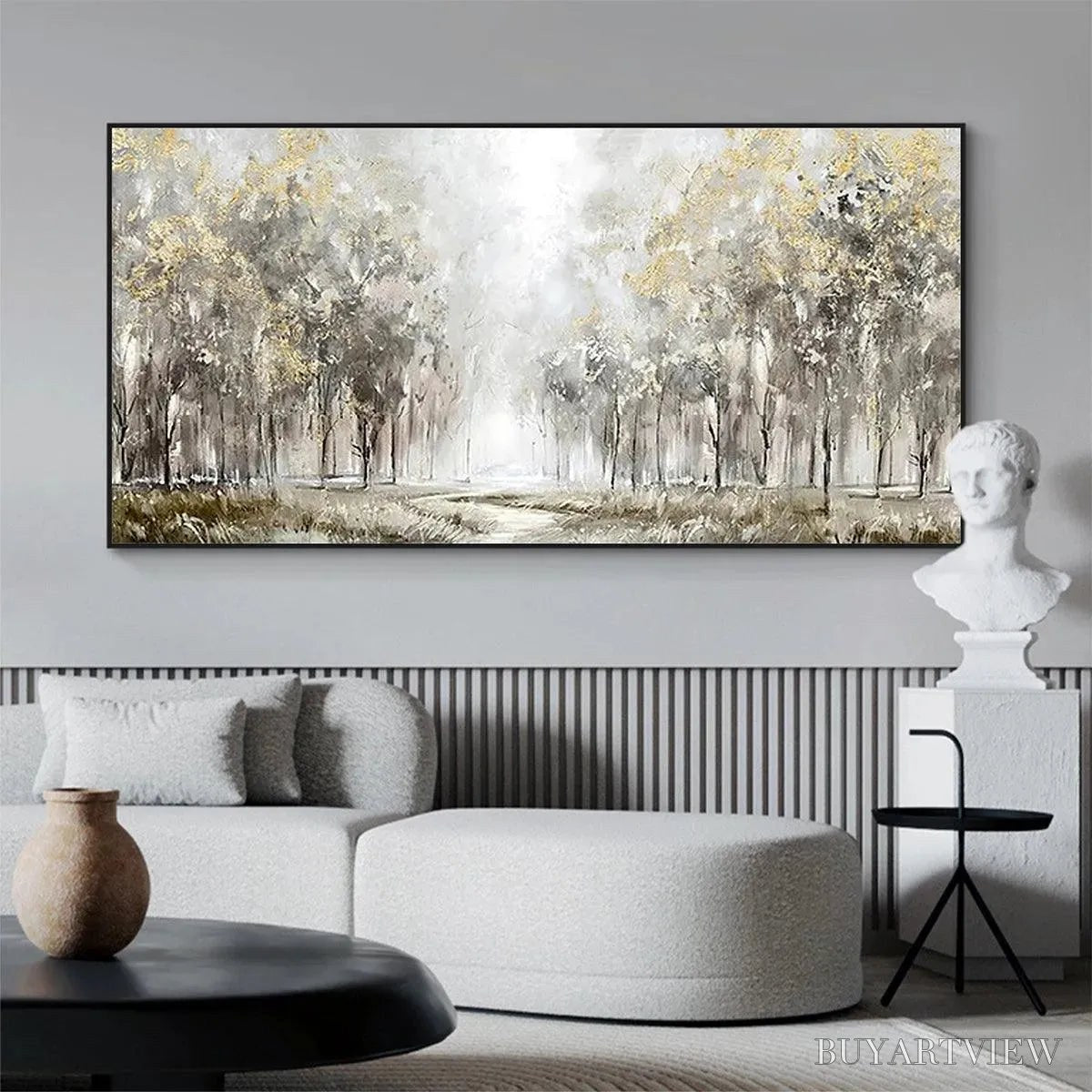 ARTOVITAS Golden Forest Path – Textured Forest Landscape Painting, Panoramic - image 6
