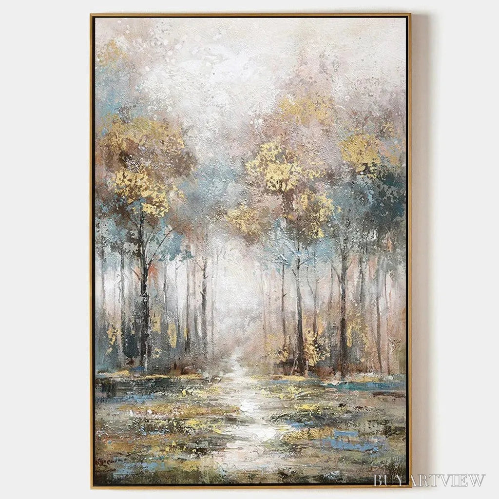 ARTOVITAS Golden Forest Path – Textured Forest Landscape Painting, Vertical - image 1