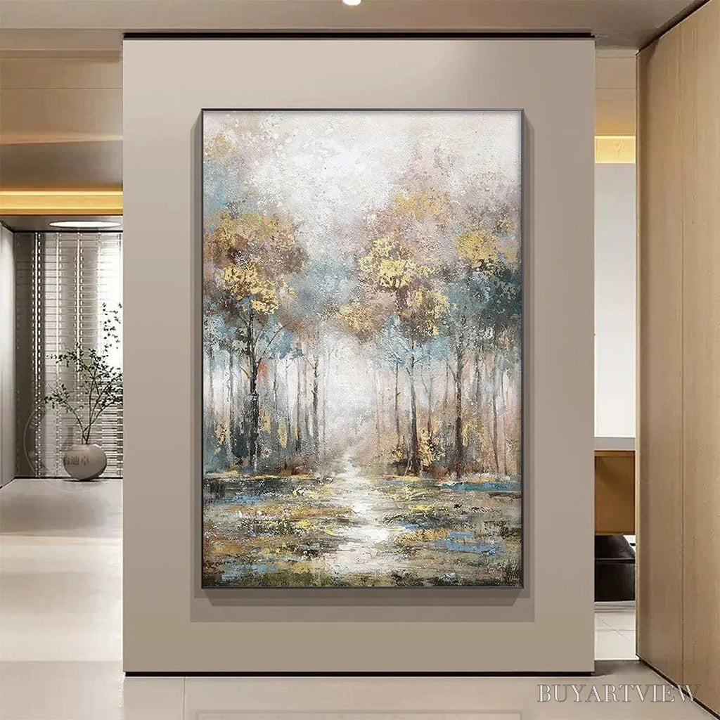 ARTOVITAS Golden Forest Path – Textured Forest Landscape Painting, Vertical - image 2