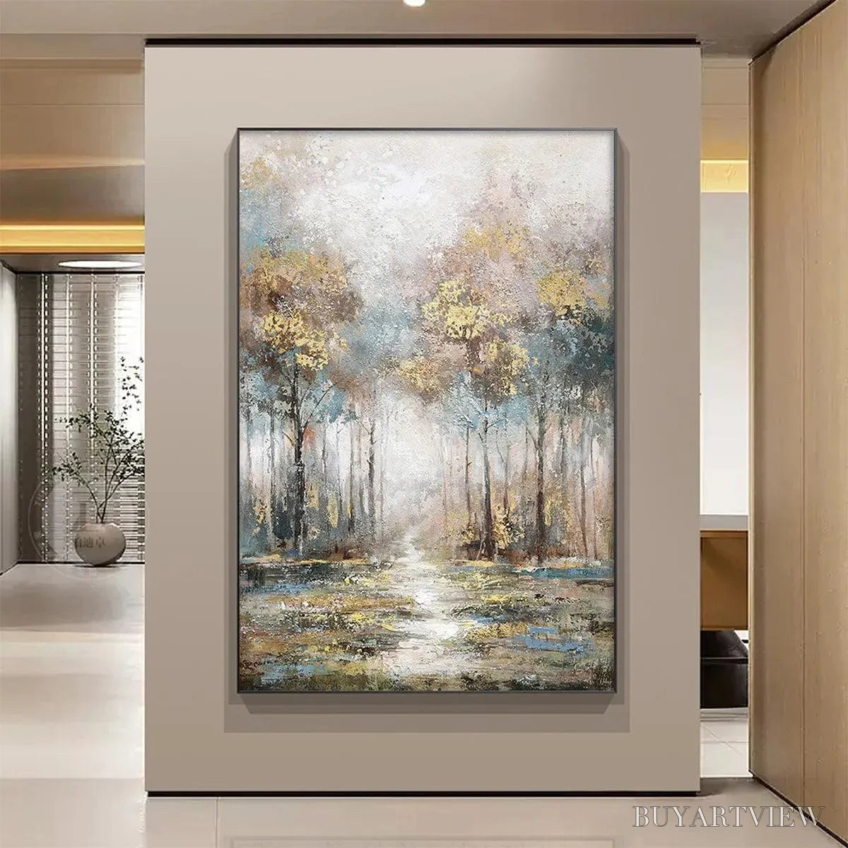 ARTOVITAS Golden Forest Path – Textured Forest Landscape Painting, Vertical - image 2