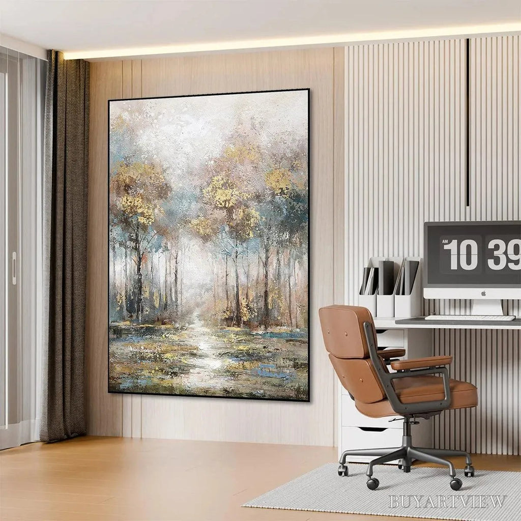 ARTOVITAS Golden Forest Path – Textured Forest Landscape Painting, Vertical - image 4