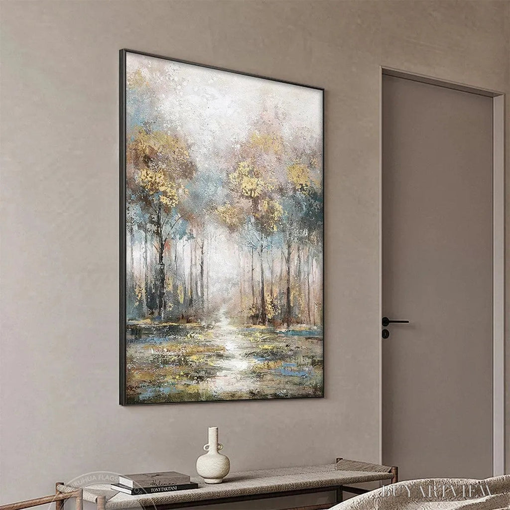 ARTOVITAS Golden Forest Path – Textured Forest Landscape Painting, Vertical - image 6