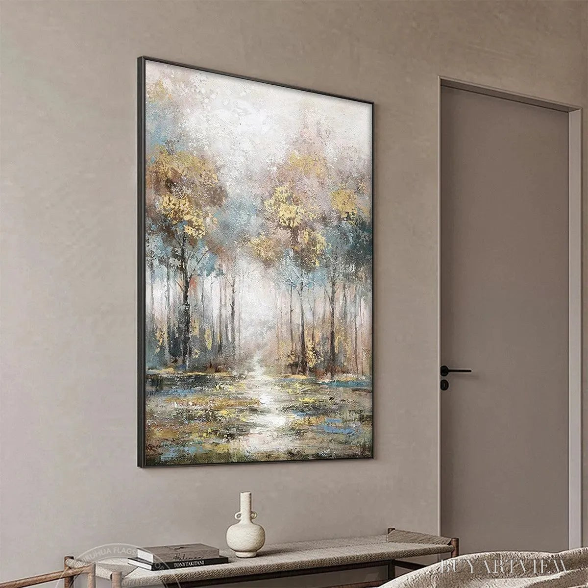 ARTOVITAS Golden Forest Path – Textured Forest Landscape Painting, Vertical - image 6