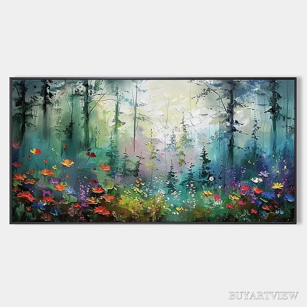 ARTOVITAS Whispering Woods – Impressionistic Forest Landscape Painting with Colorful Wildflowers - image 1