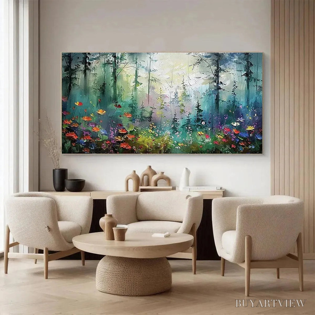 ARTOVITAS Whispering Woods – Impressionistic Forest Landscape Painting with Colorful Wildflowers - image 2