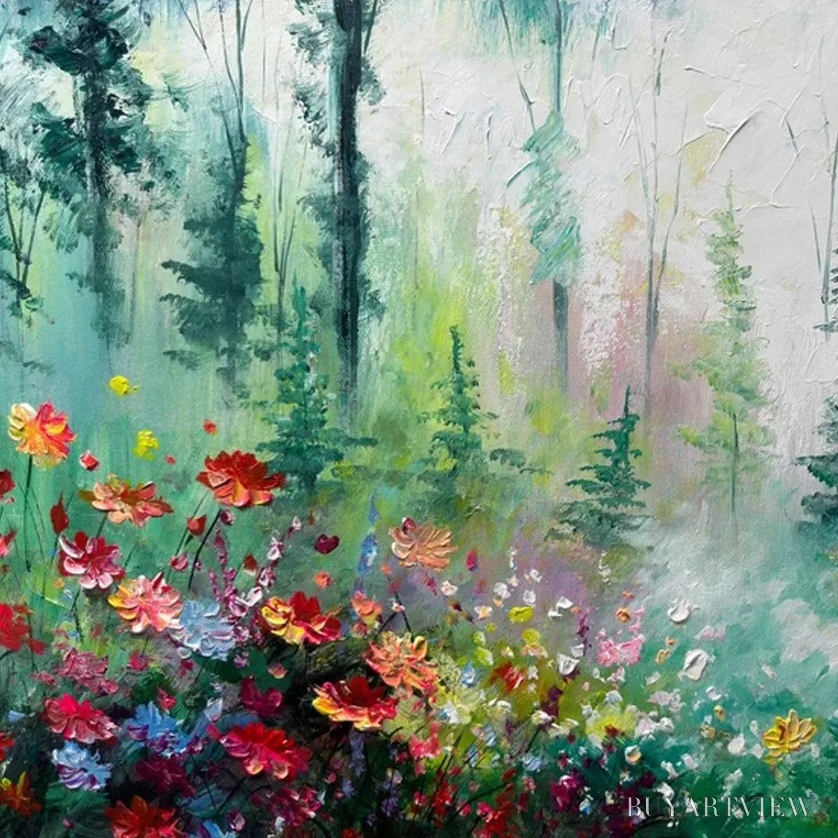ARTOVITAS Whispering Woods – Impressionistic Forest Landscape Painting with Colorful Wildflowers - image 3