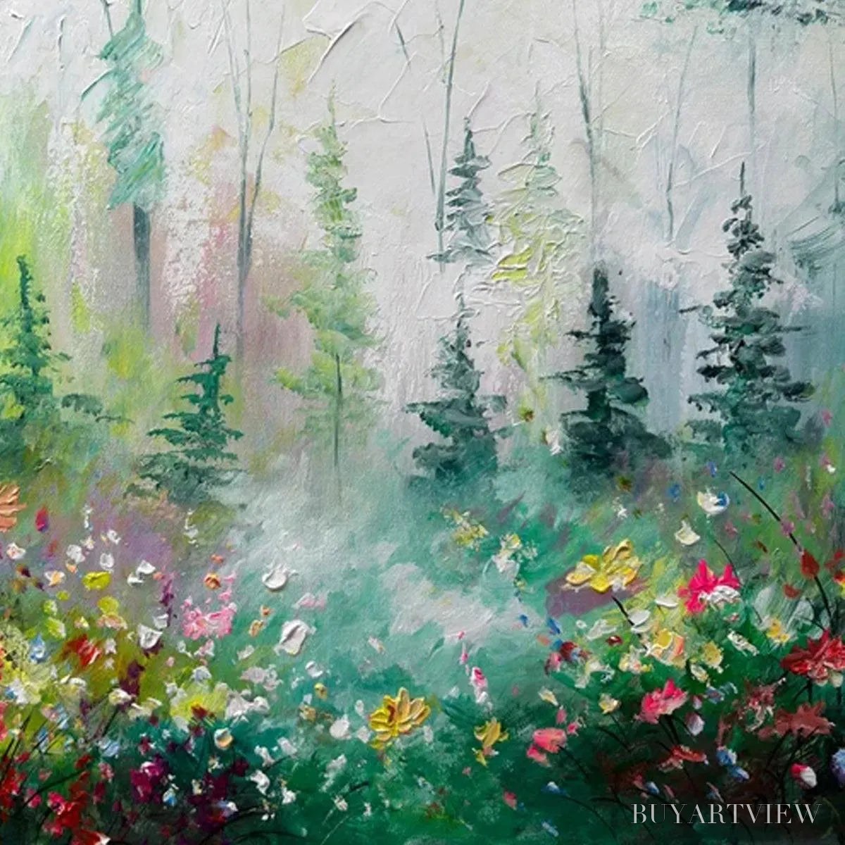 ARTOVITAS Whispering Woods – Impressionistic Forest Landscape Painting with Colorful Wildflowers - image 5