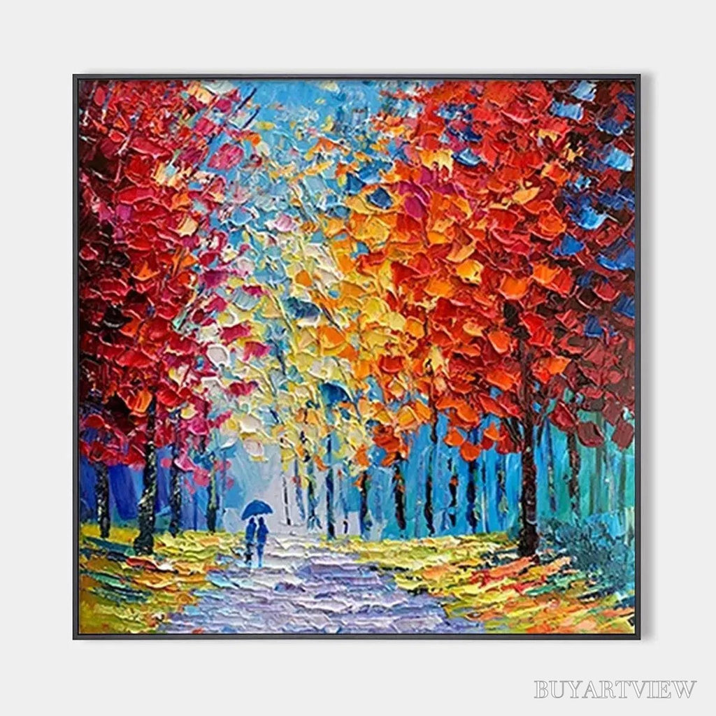 ARTOVITAS Autumn Walk – Textured Impasto Painting of a Couple Walking in an Autumn Forest - image 1