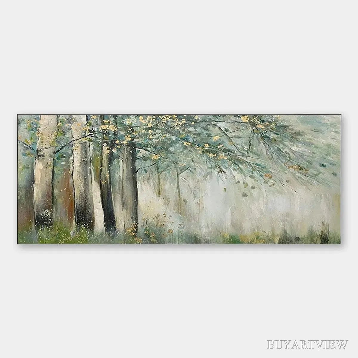 ARTOVITAS Whispering Woods – Serene Green and Gold Forest Landscape Painting - image 1