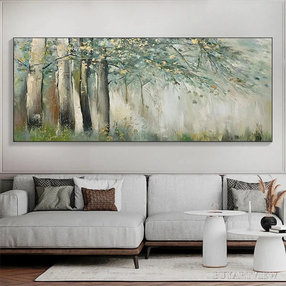 ARTOVITAS Whispering Woods – Serene Green and Gold Forest Landscape Painting - image 2