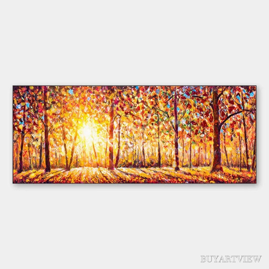 ARTOVITAS Autumn Sunrise – Panoramic Forest Landscape Painting in Orange and Yellow - image 1