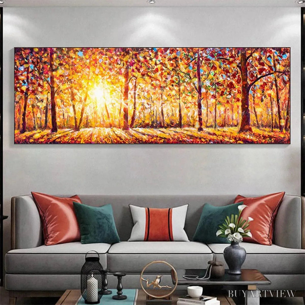 ARTOVITAS Autumn Sunrise – Panoramic Forest Landscape Painting in Orange and Yellow - image 2