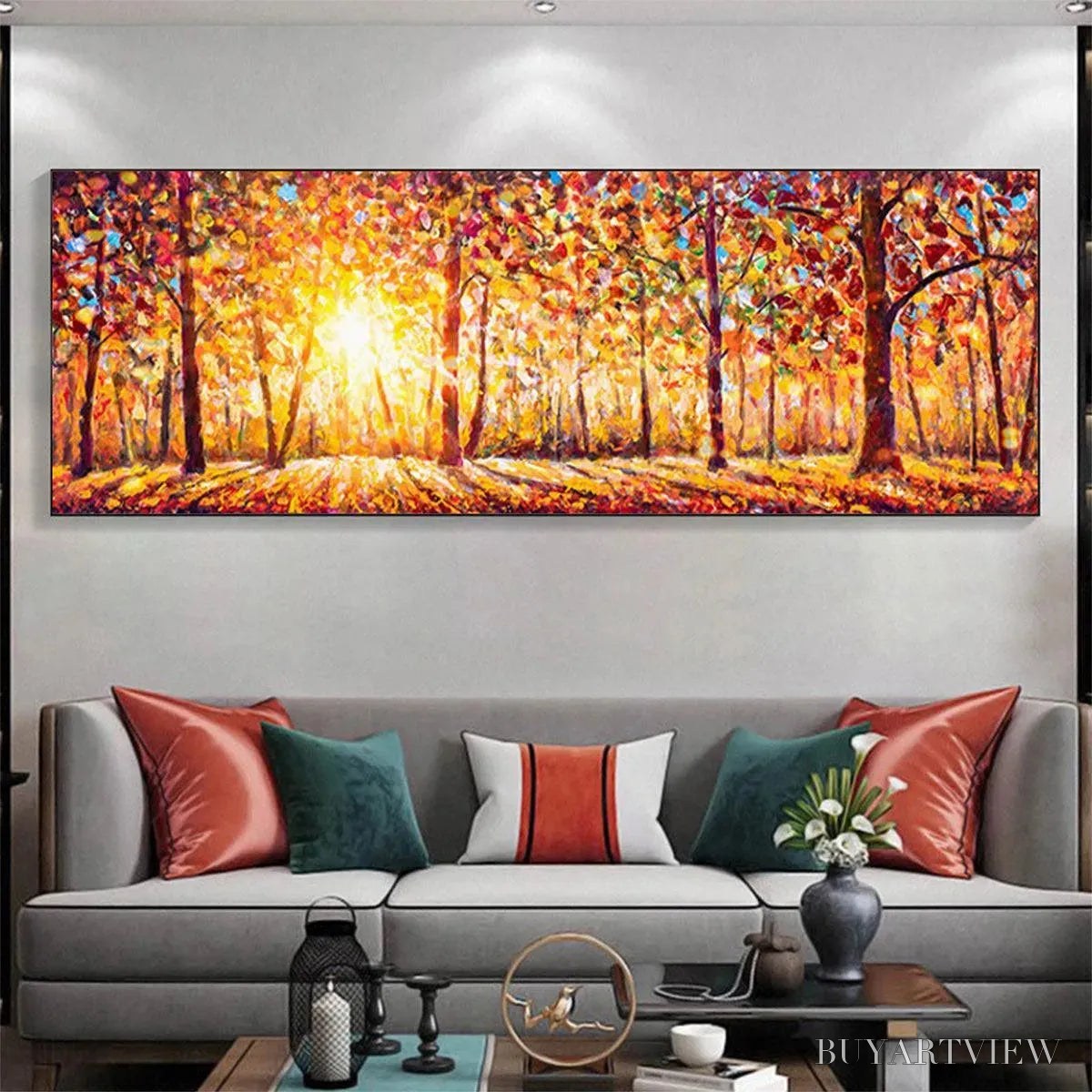 ARTOVITAS Autumn Sunrise – Panoramic Forest Landscape Painting in Orange and Yellow - image 2