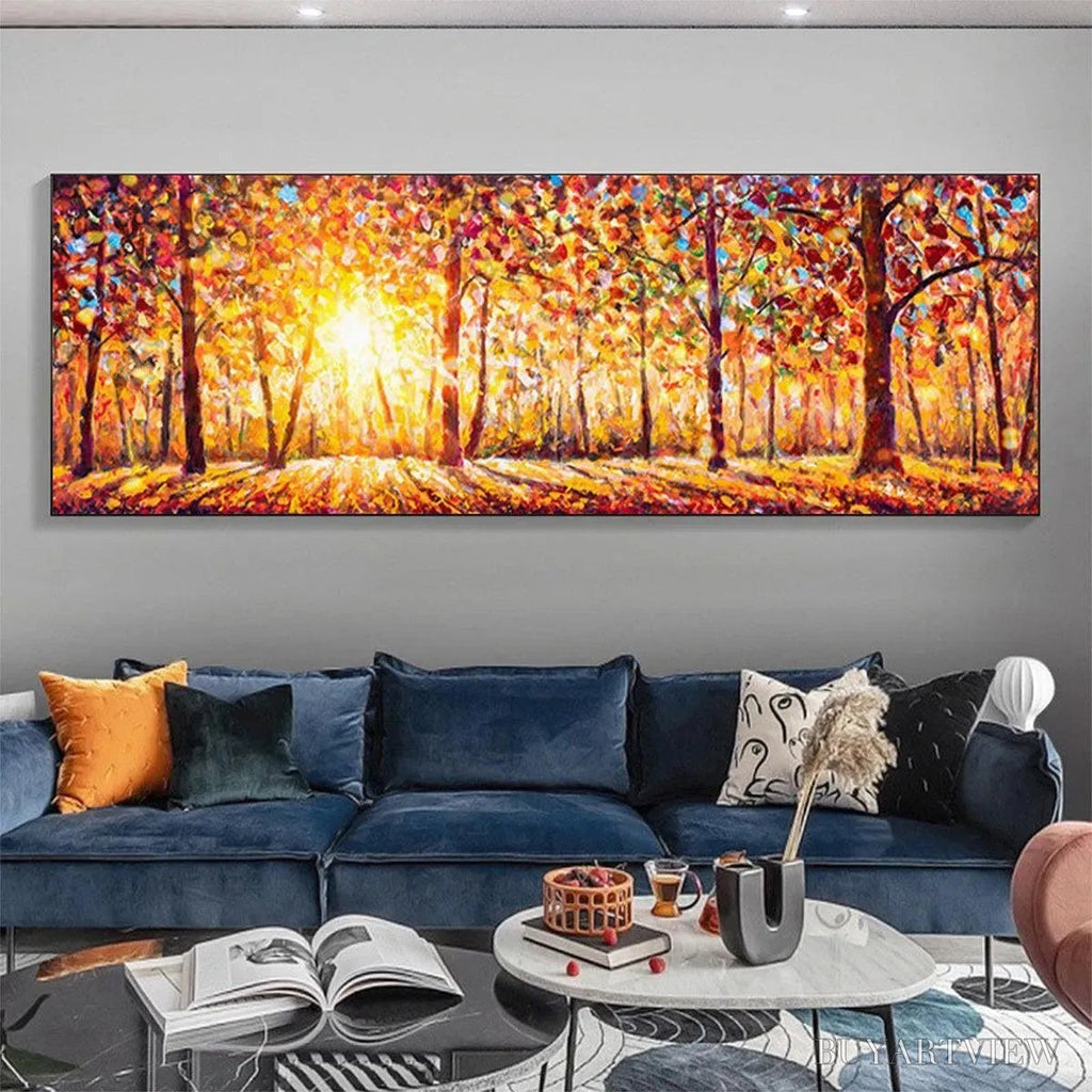 ARTOVITAS Autumn Sunrise – Panoramic Forest Landscape Painting in Orange and Yellow - image 4