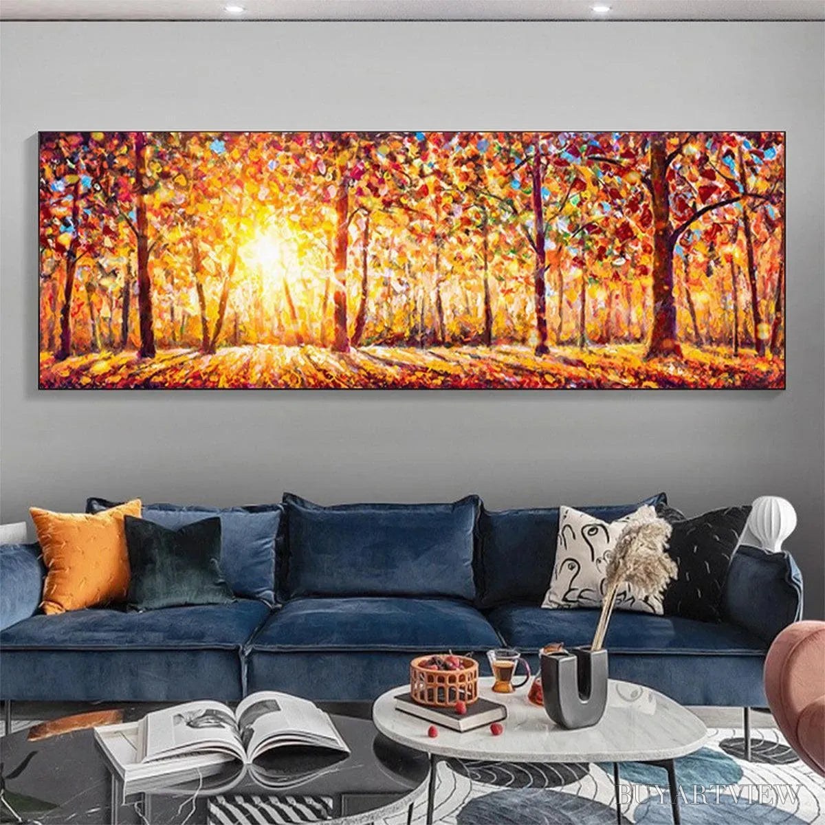 ARTOVITAS Autumn Sunrise – Panoramic Forest Landscape Painting in Orange and Yellow - image 4