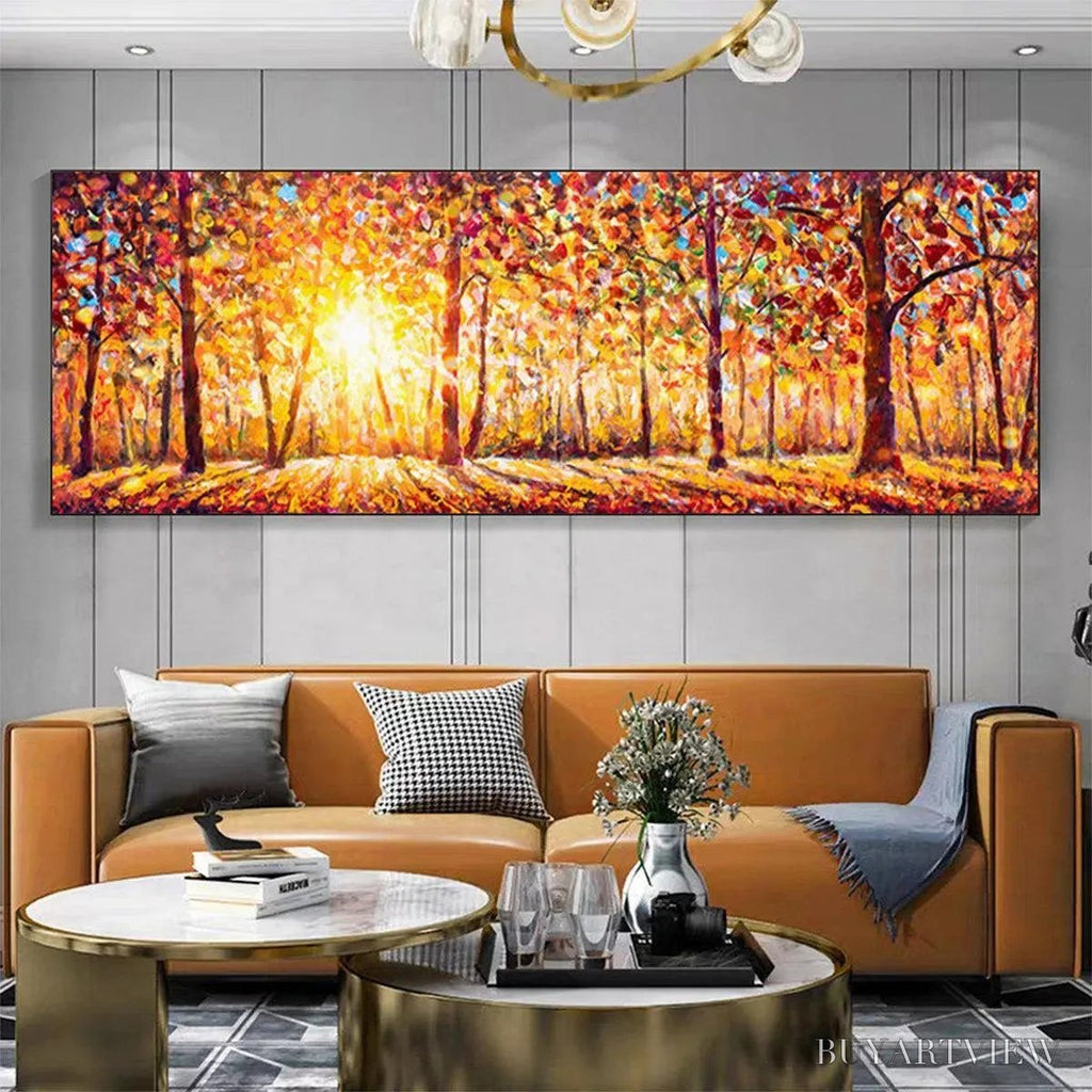ARTOVITAS Autumn Sunrise – Panoramic Forest Landscape Painting in Orange and Yellow - image 5