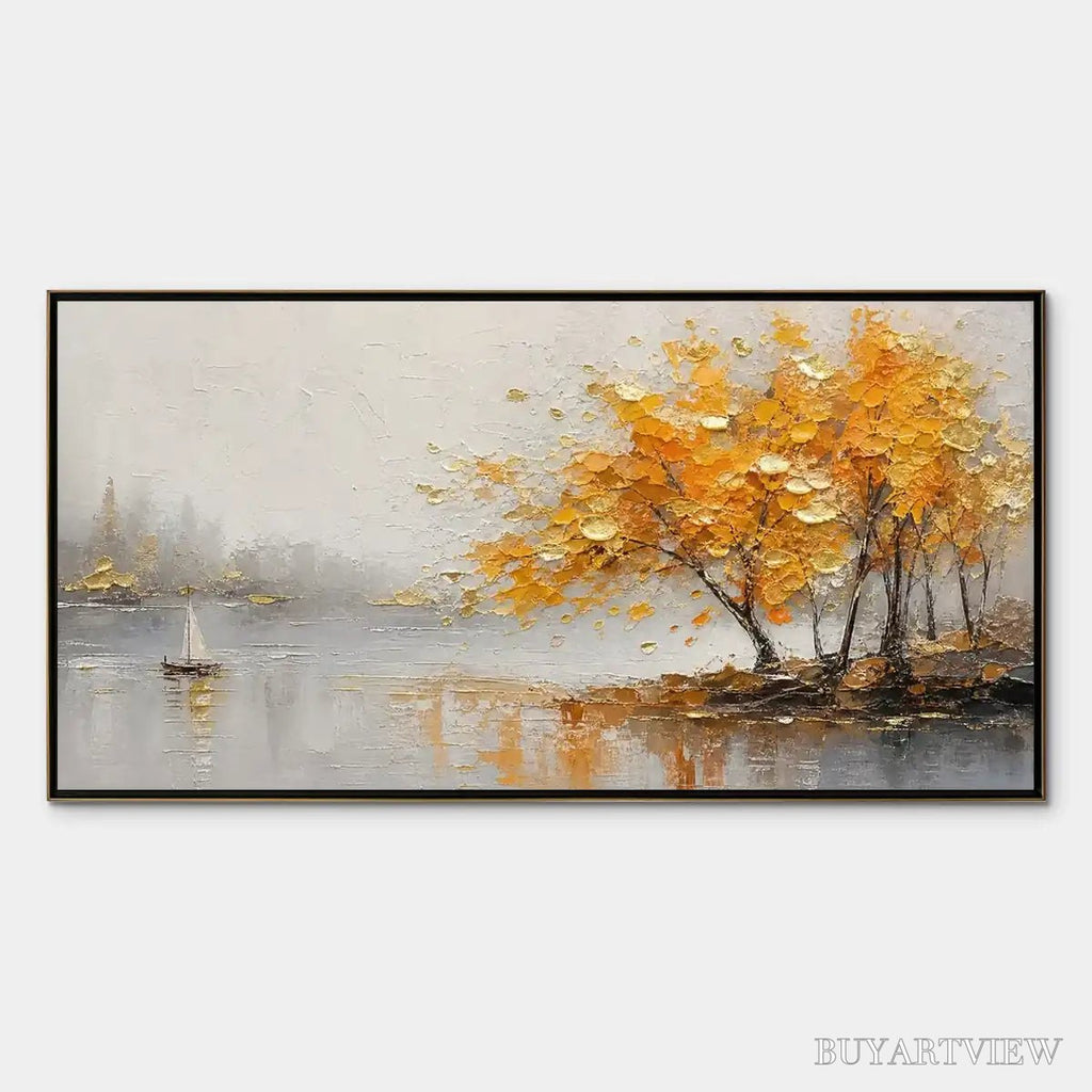 ARTOVITAS Autumn Lake Tree – Golden Tree Lakeside Painting - image 1