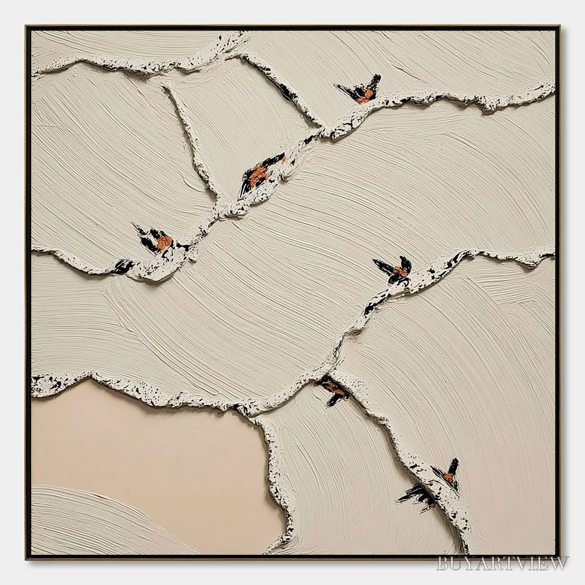 ARTOVITAS Fragments of Dawn – Textured Wabi Sabi Painting of Perched Birds - image 1