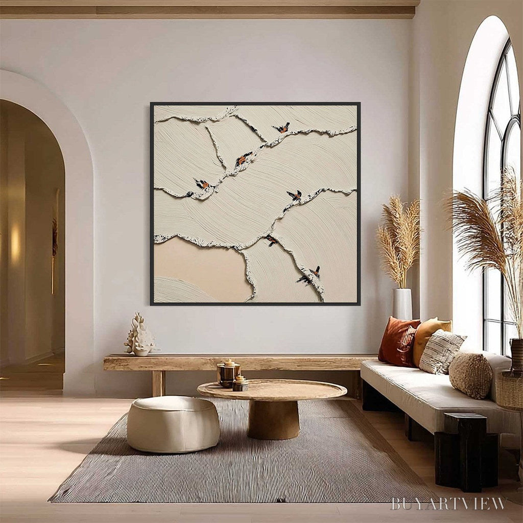 ARTOVITAS Fragments of Dawn – Textured Wabi Sabi Painting of Perched Birds - image 2