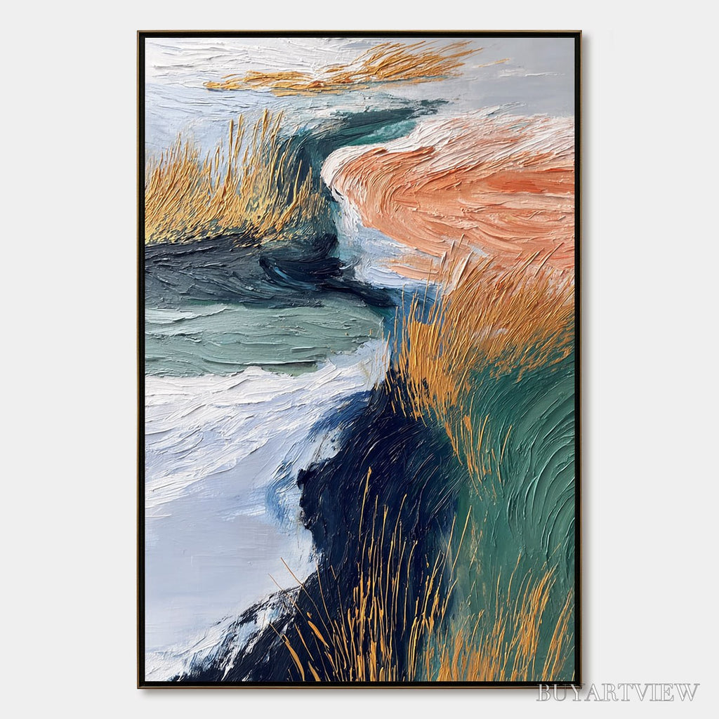 ARTOVITAS Golden Estuary – Textured Abstract River Landscape Painting - image 1