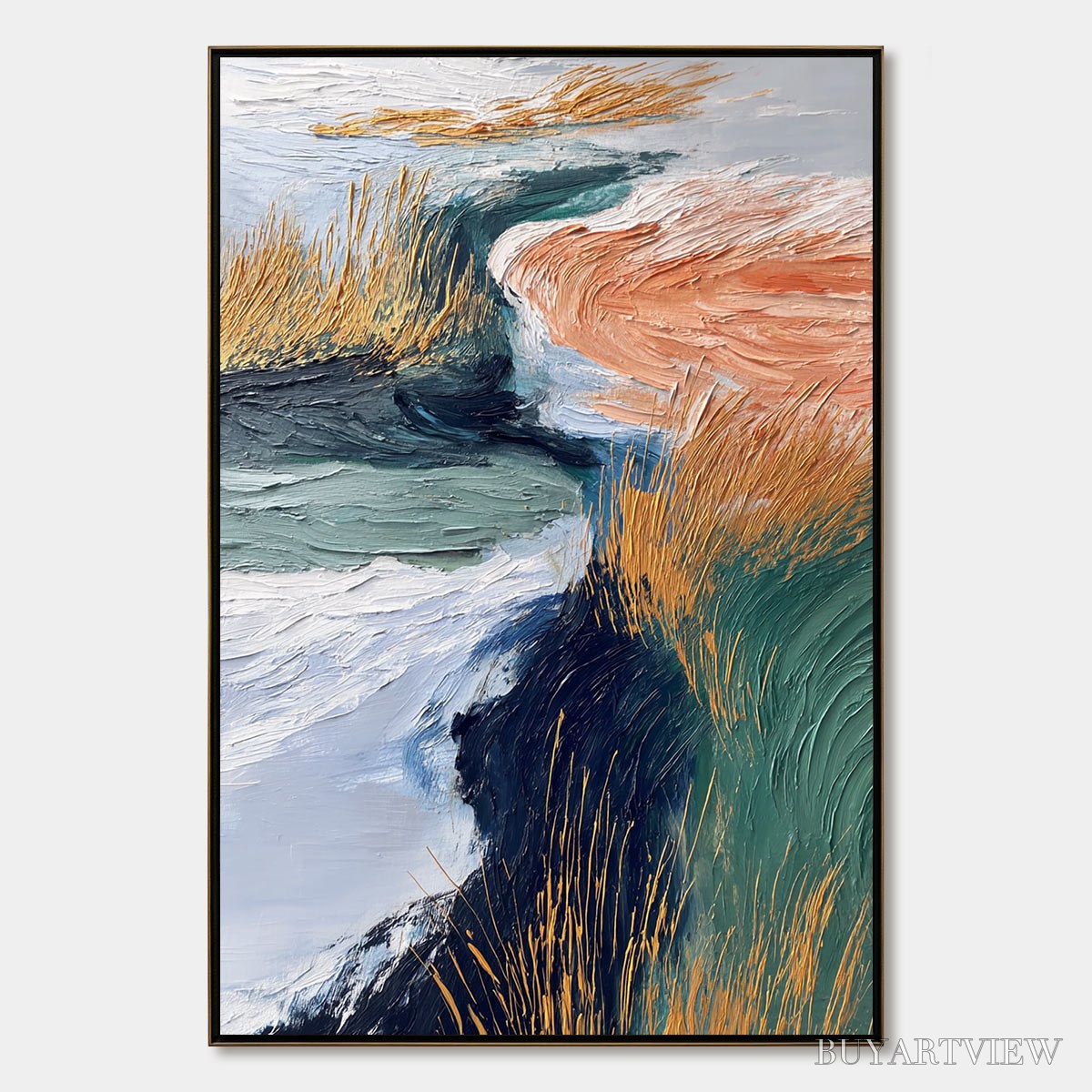 ARTOVITAS Golden Estuary – Textured Abstract River Landscape Painting - image 1