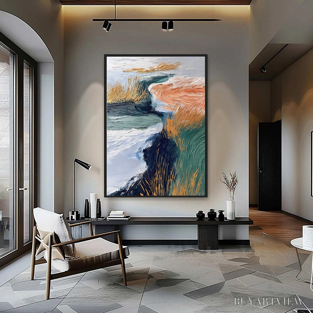 ARTOVITAS Golden Estuary – Textured Abstract River Landscape Painting - image 2