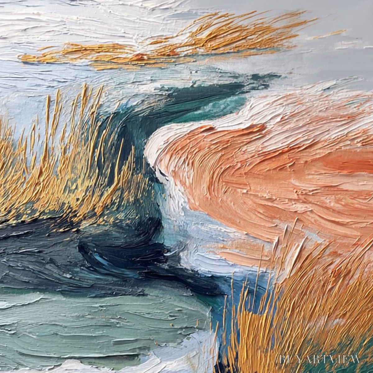 ARTOVITAS Golden Estuary – Textured Abstract River Landscape Painting - image 3