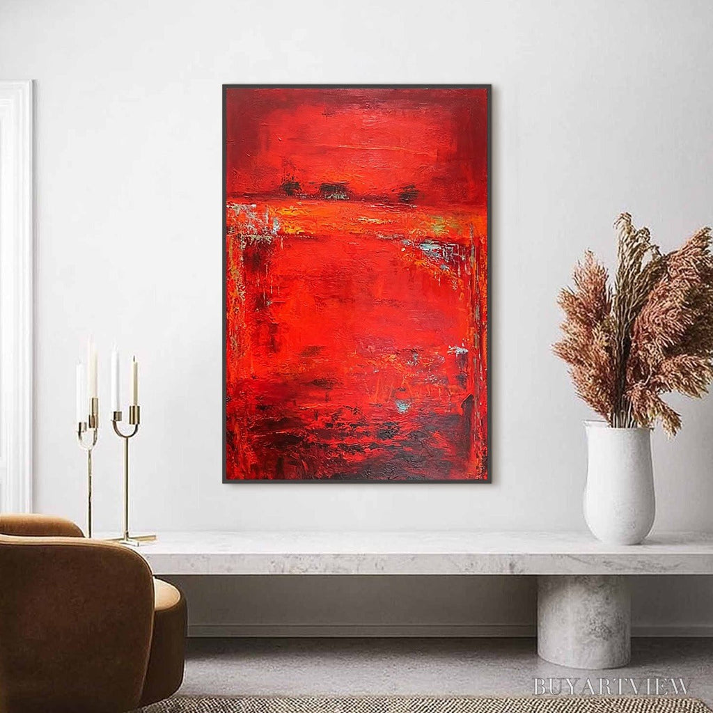 ARTOVITAS Scarlet Horizon – Large Vertical Red Abstract Textured Oil Painting - image 2