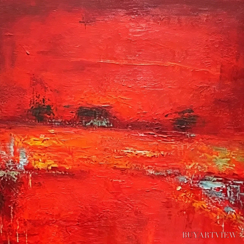 ARTOVITAS Scarlet Horizon – Large Vertical Red Abstract Textured Oil Painting - image 3