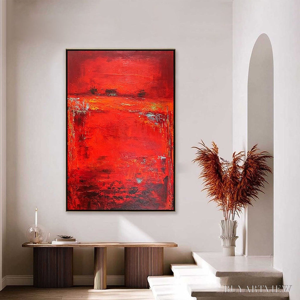 ARTOVITAS Scarlet Horizon – Large Vertical Red Abstract Textured Oil Painting - image 4