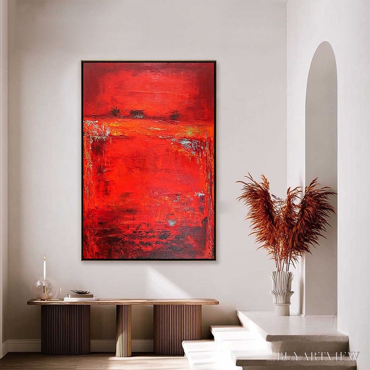 ARTOVITAS Scarlet Horizon – Large Vertical Red Abstract Textured Oil Painting - image 4