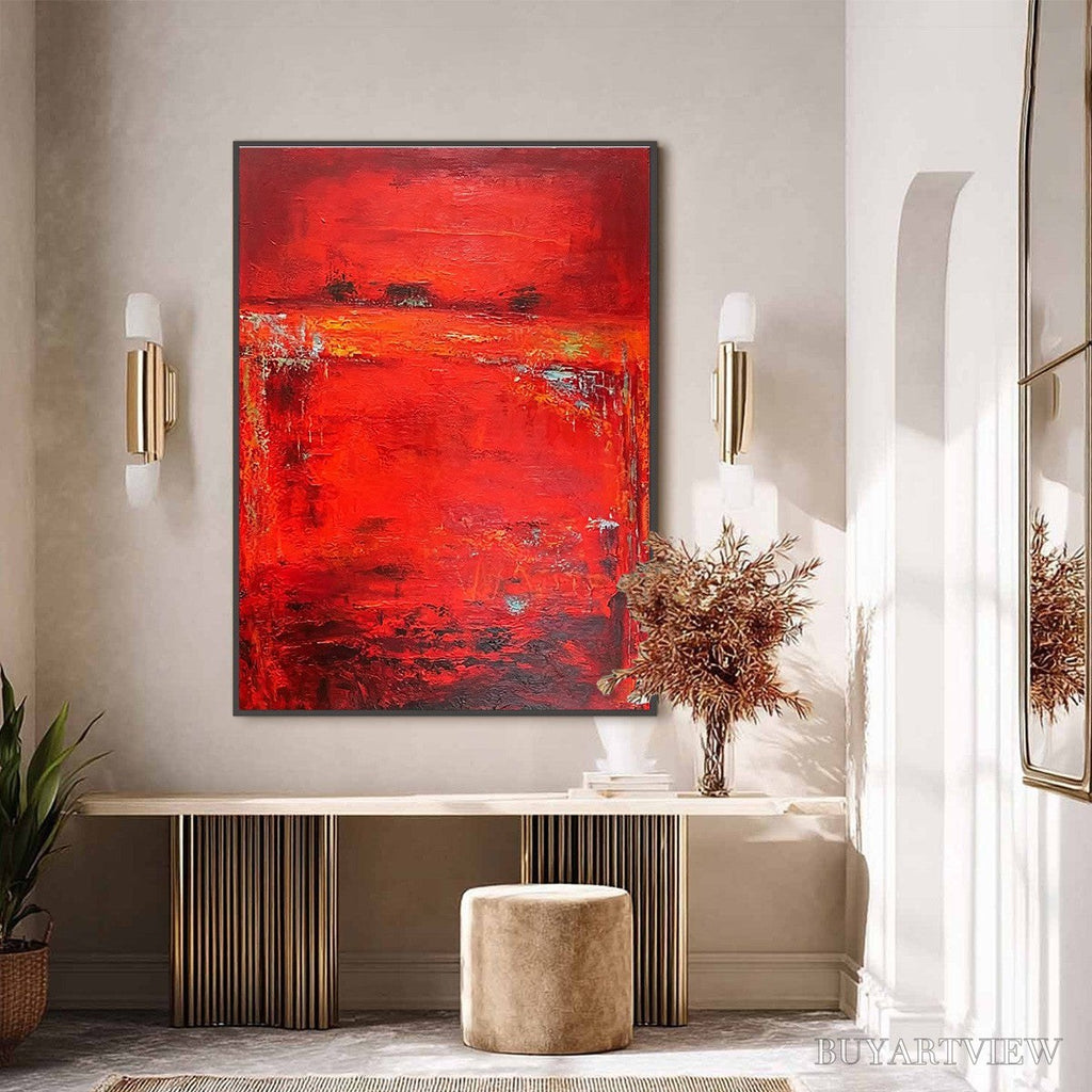 ARTOVITAS Scarlet Horizon – Large Vertical Red Abstract Textured Oil Painting - image 6