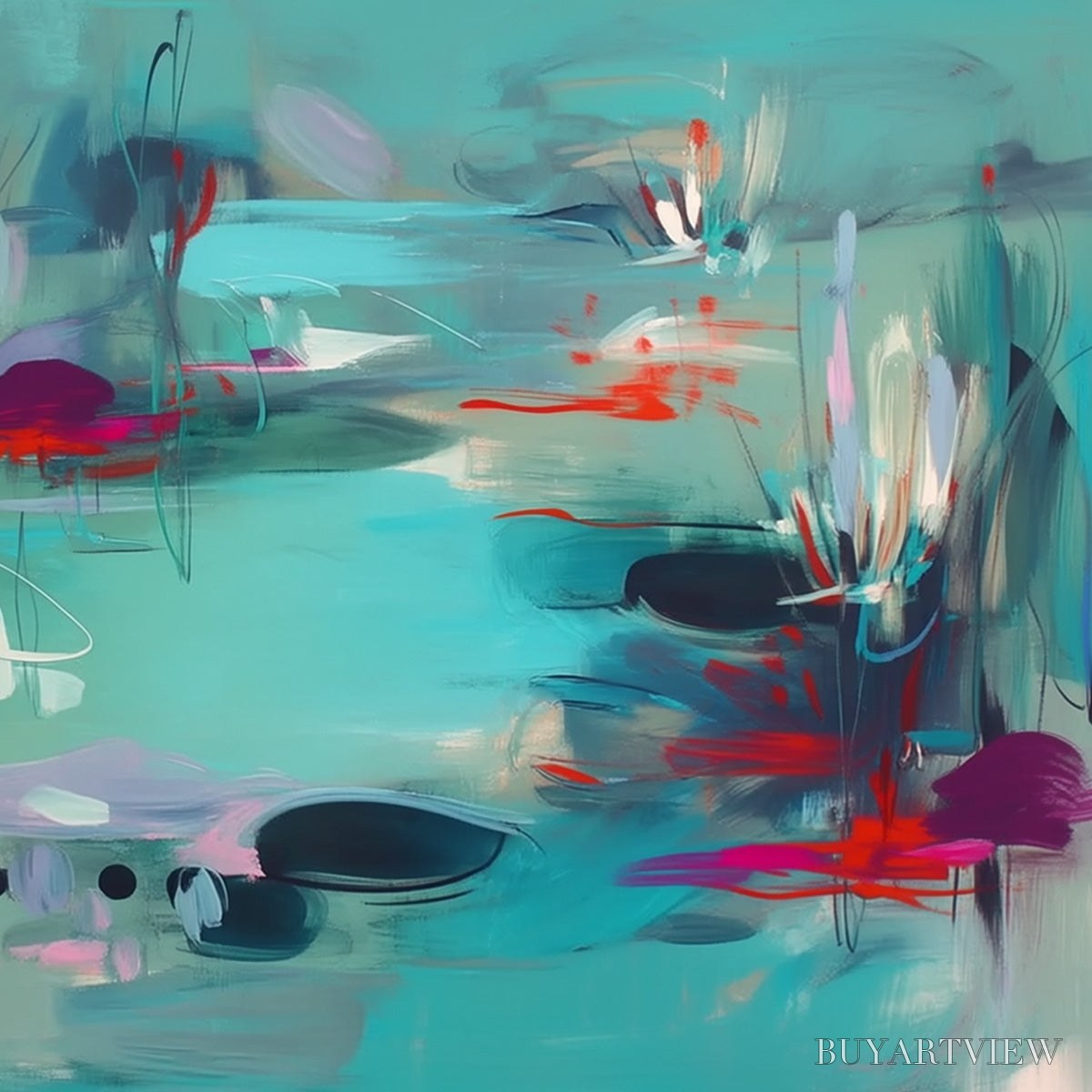 ARTOVITAS Waterlily Sonata – Large Horizontal Abstract Landscape Painting - image 5