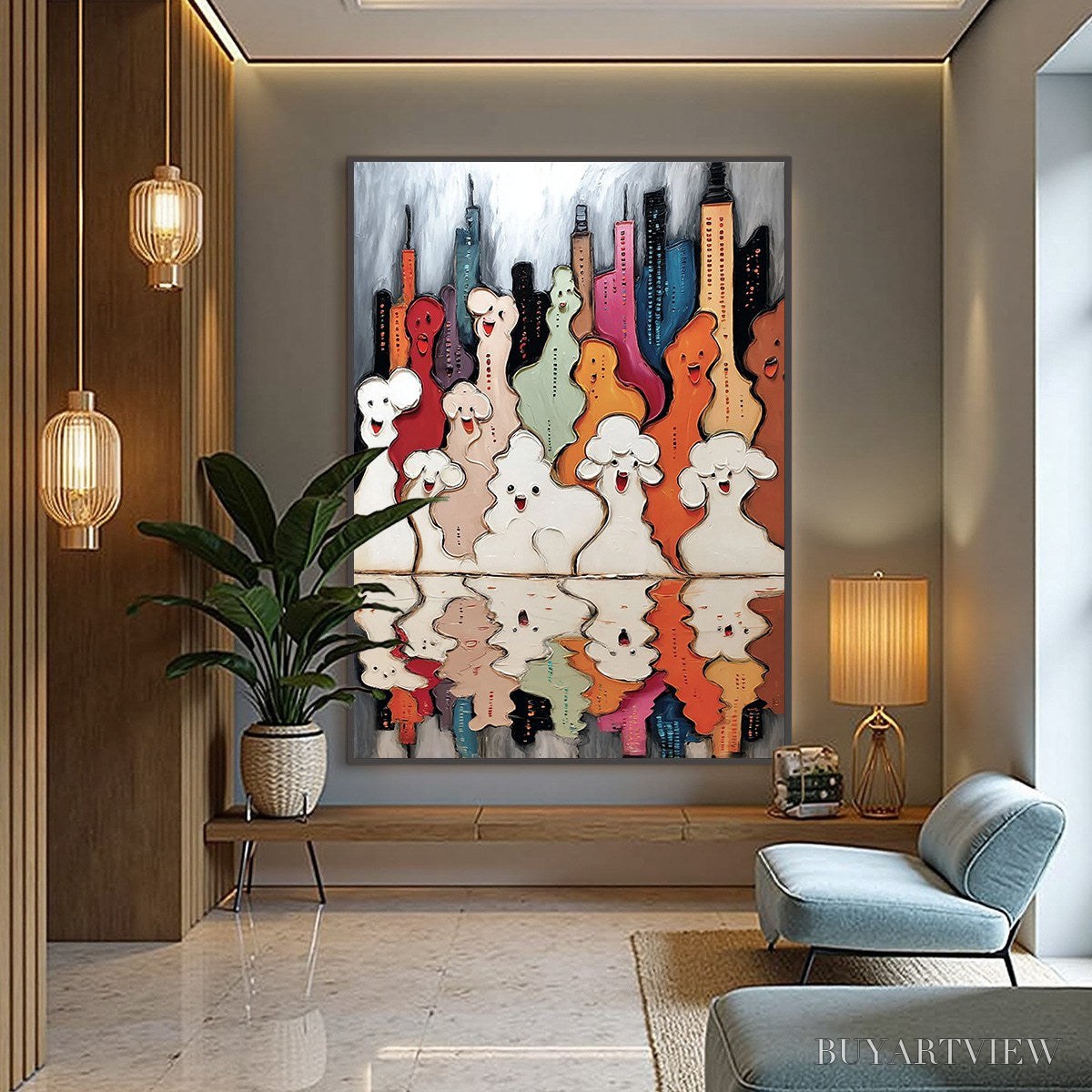 ARTOVITAS Concrete Carnival – Textured Abstract Cityscape Painting with Whimsical Figures - image 4