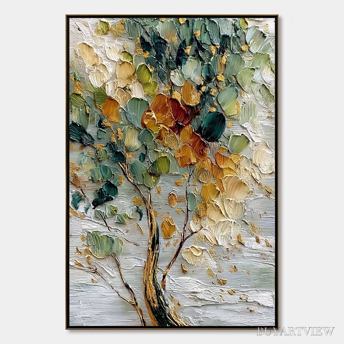 ARTOVITAS Emerald Jewel Tree – Textured Palette Knife Tree Painting with Golden Accents - image 1
