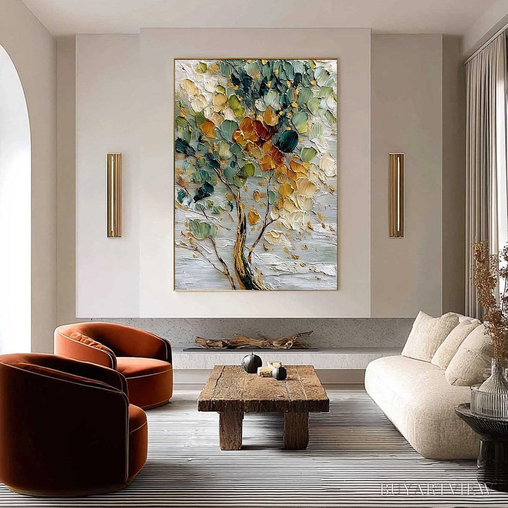ARTOVITAS Emerald Jewel Tree – Textured Palette Knife Tree Painting with Golden Accents - image 2