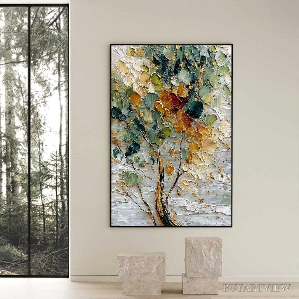 ARTOVITAS Emerald Jewel Tree – Textured Palette Knife Tree Painting with Golden Accents - image 6