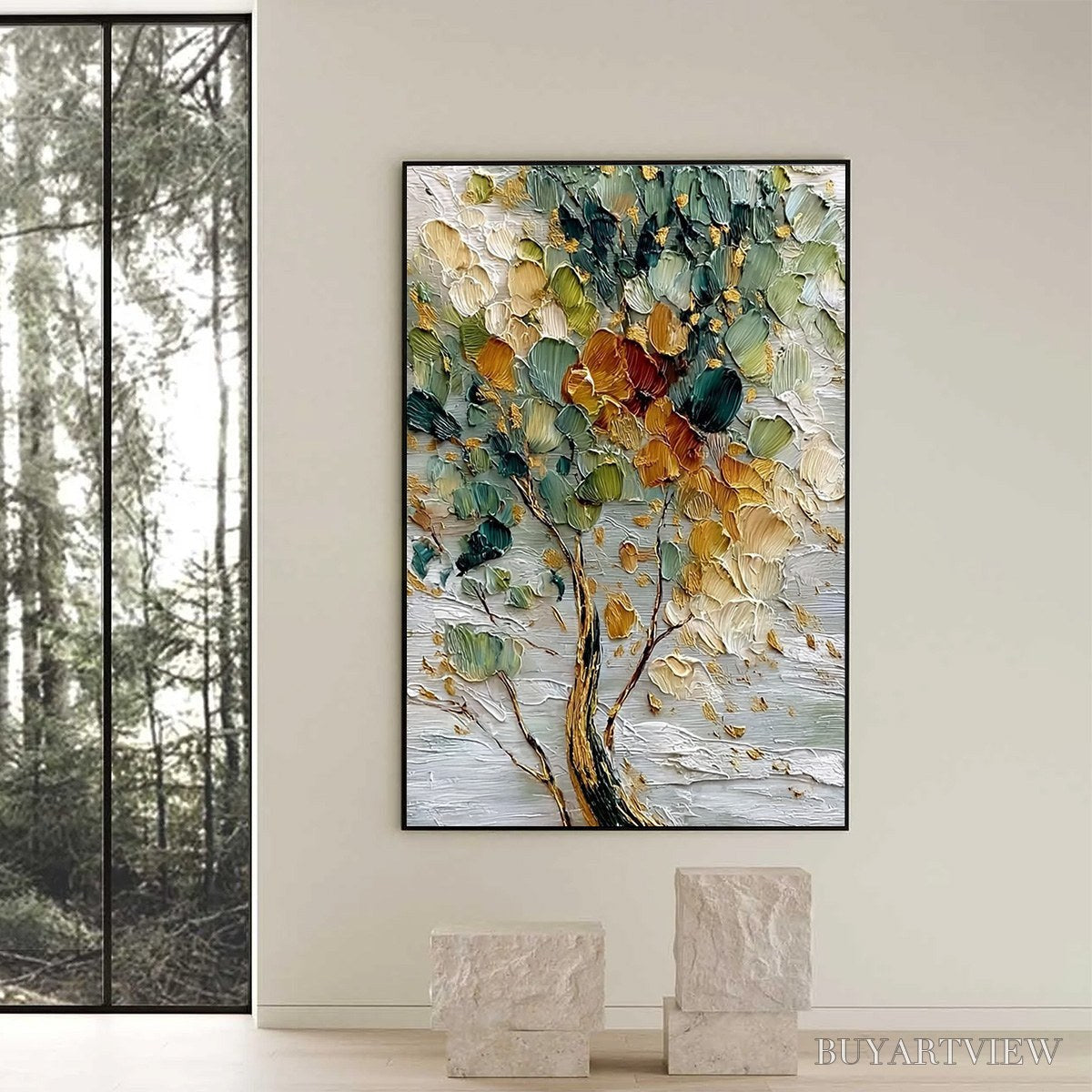 ARTOVITAS Emerald Jewel Tree – Textured Palette Knife Tree Painting with Golden Accents - image 6