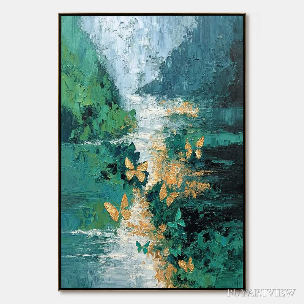 ARTOVITAS Emergence – Textured Impasto River Painting with Golden Butterflies - image 1