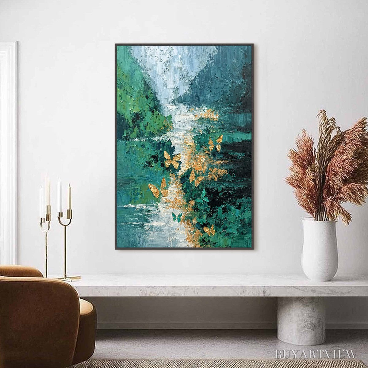 ARTOVITAS Emergence – Textured Impasto River Painting with Golden Butterflies - image 2