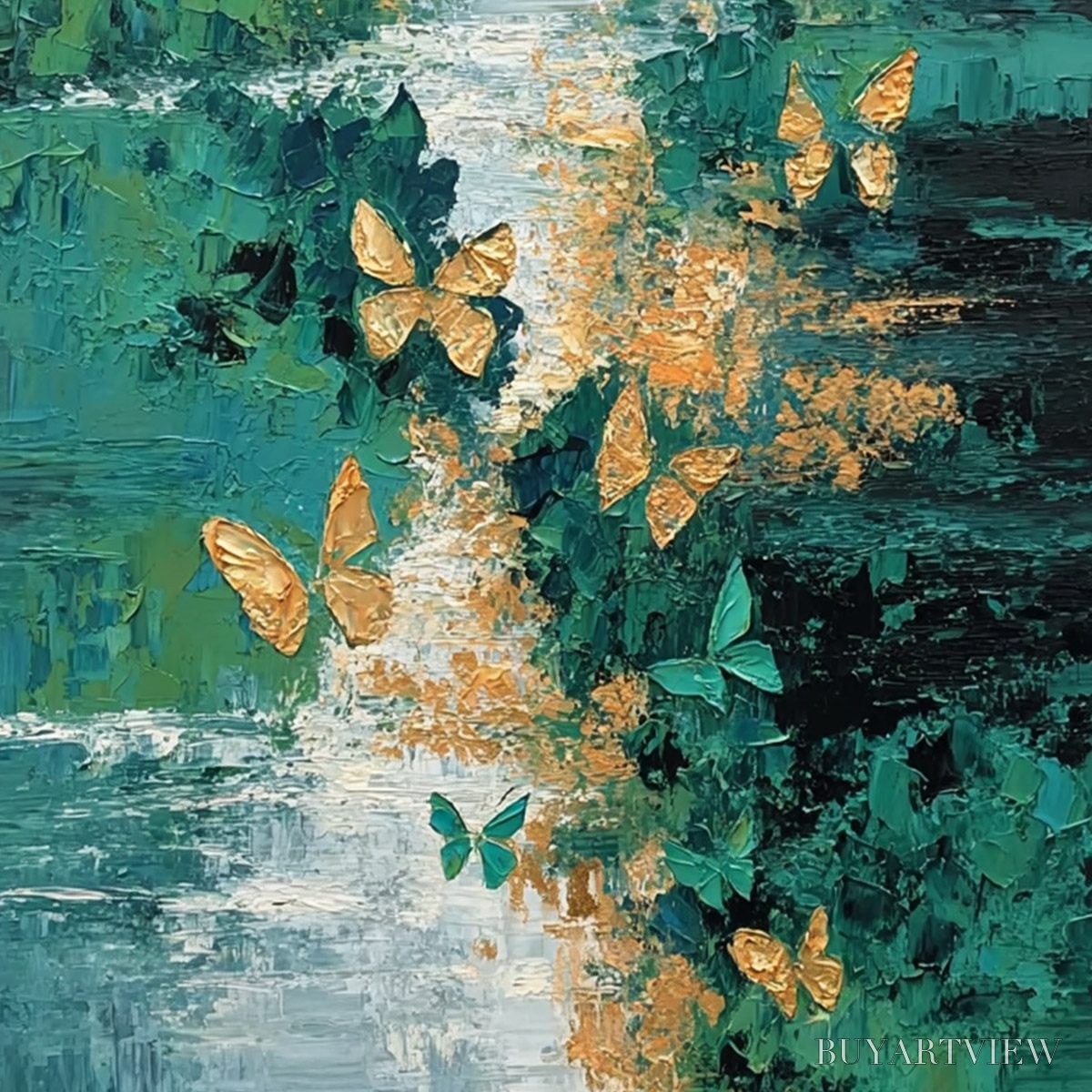 ARTOVITAS Emergence – Textured Impasto River Painting with Golden Butterflies - image 3
