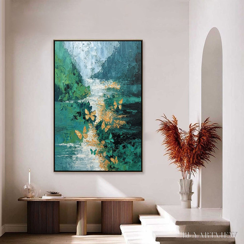 ARTOVITAS Emergence – Textured Impasto River Painting with Golden Butterflies - image 4