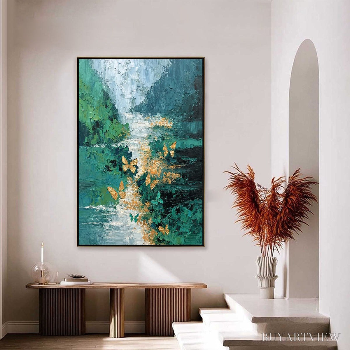 ARTOVITAS Emergence – Textured Impasto River Painting with Golden Butterflies - image 4