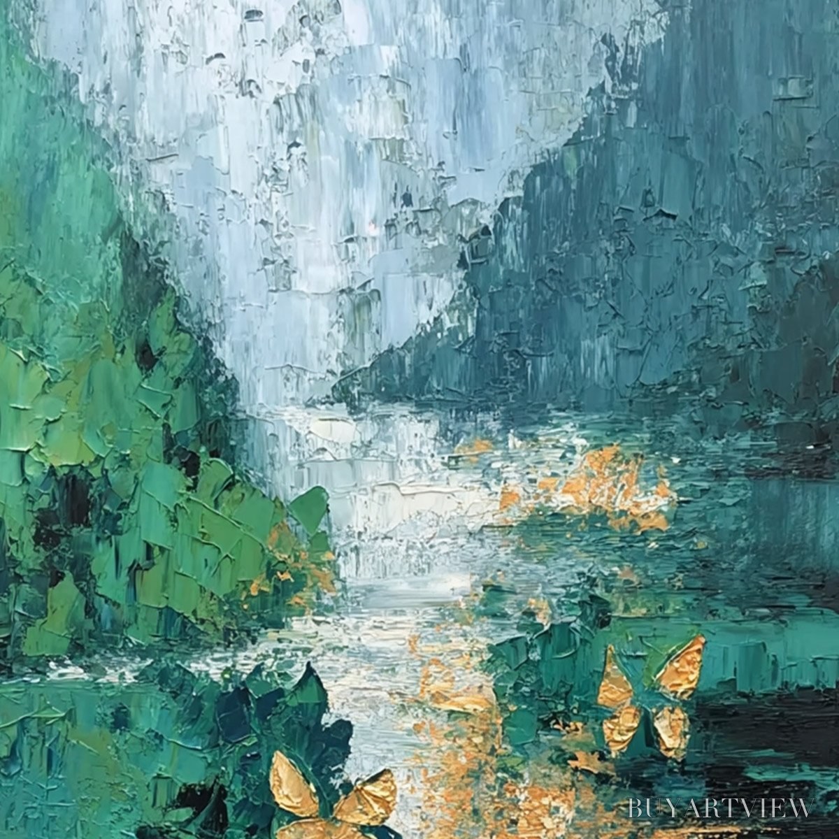 ARTOVITAS Emergence – Textured Impasto River Painting with Golden Butterflies - image 5