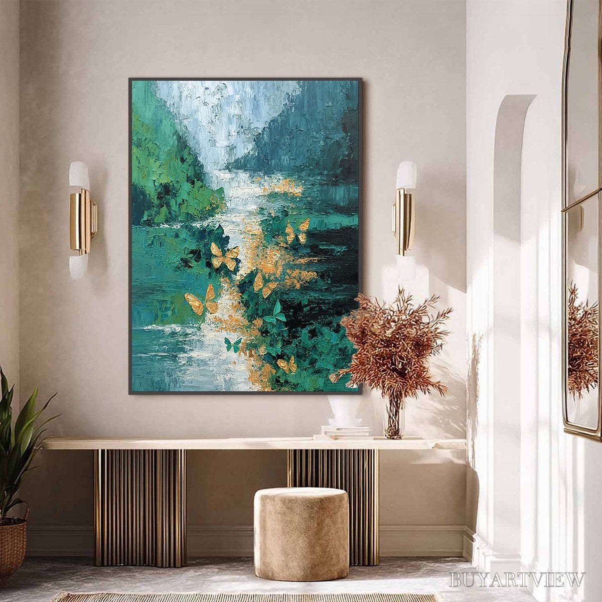 ARTOVITAS Emergence – Textured Impasto River Painting with Golden Butterflies - image 6
