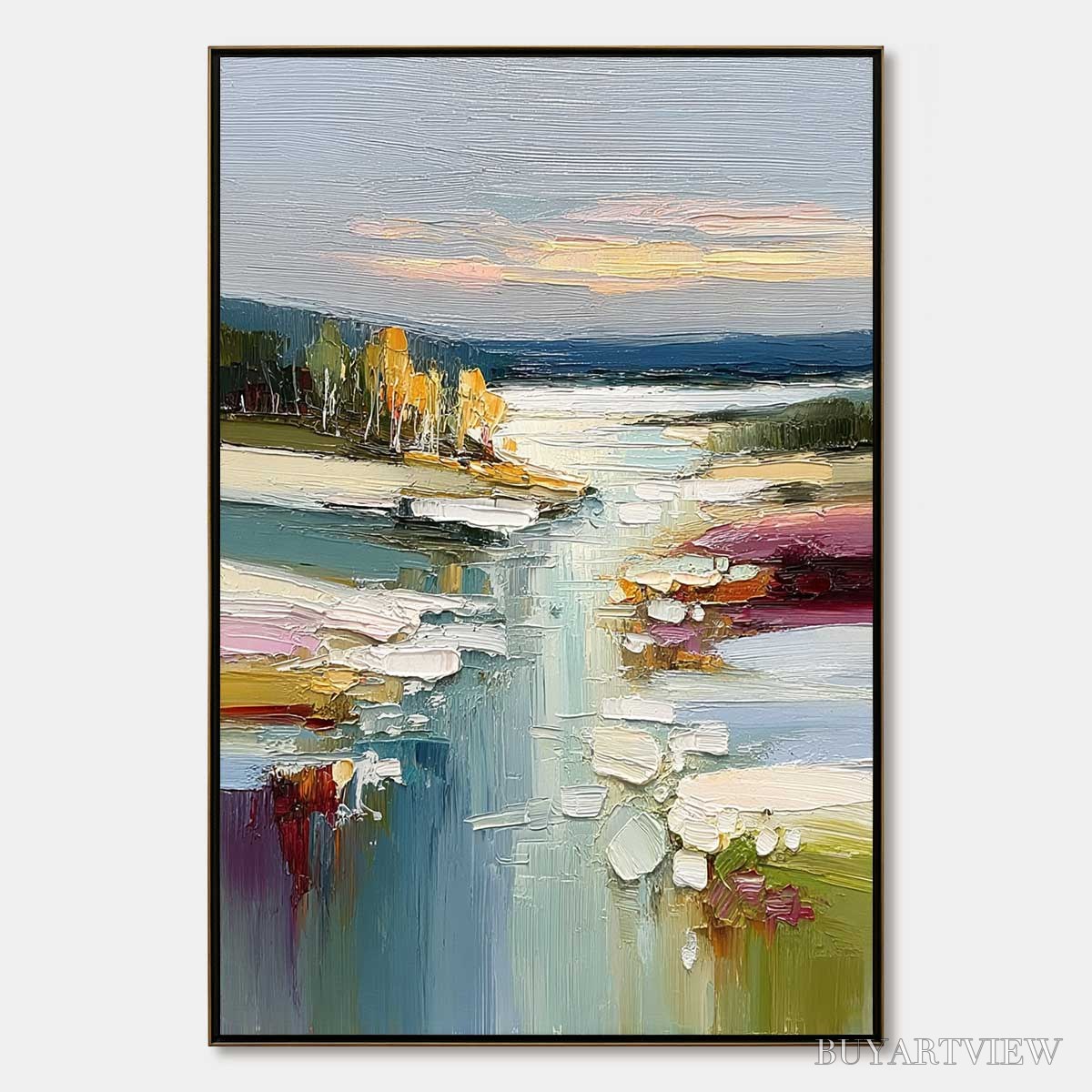ARTOVITAS Autumn Reflections – Textured Abstract River Landscape Painting - image 1