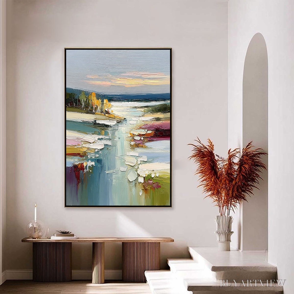 ARTOVITAS Autumn Reflections – Textured Abstract River Landscape Painting - image 4
