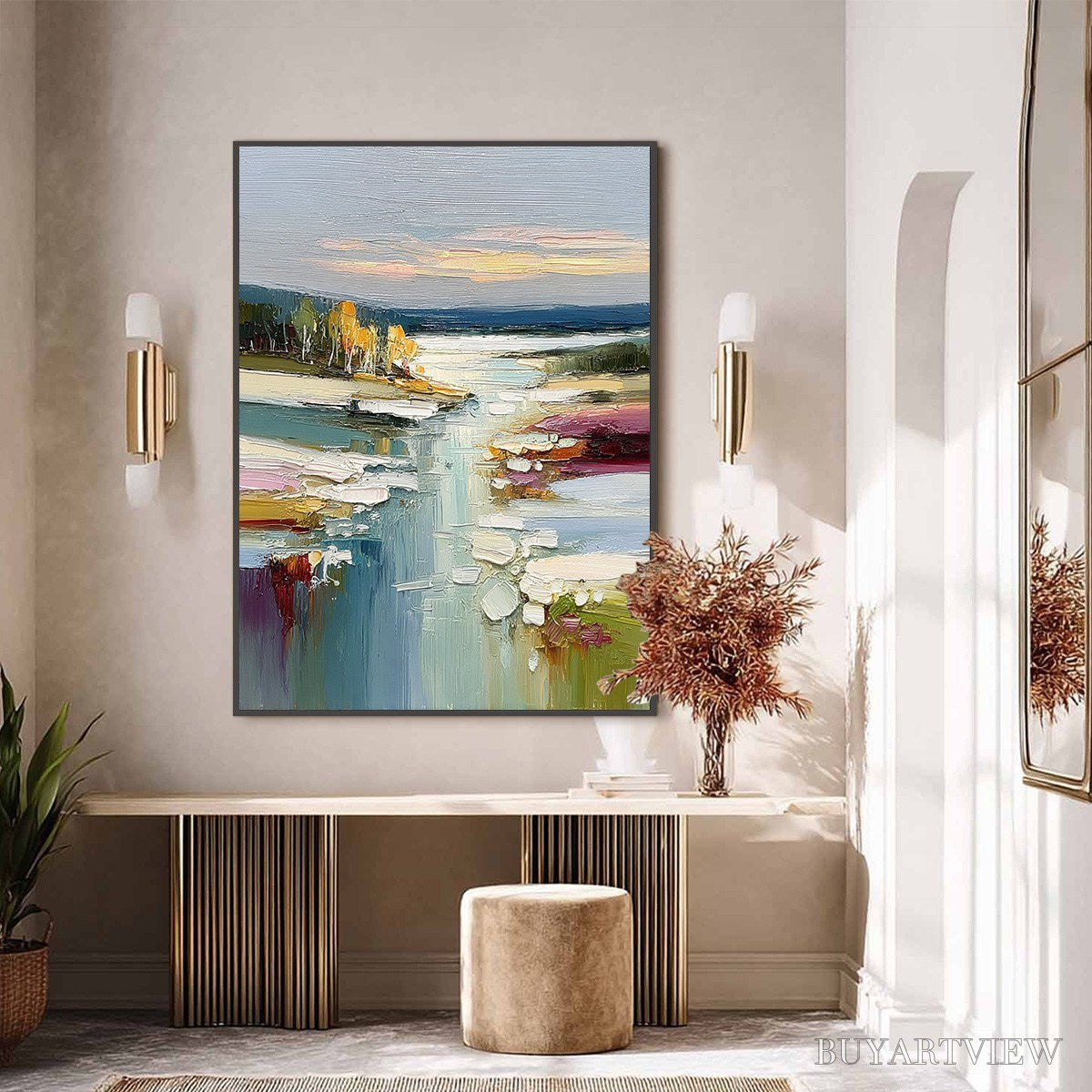 ARTOVITAS Autumn Reflections – Textured Abstract River Landscape Painting - image 6